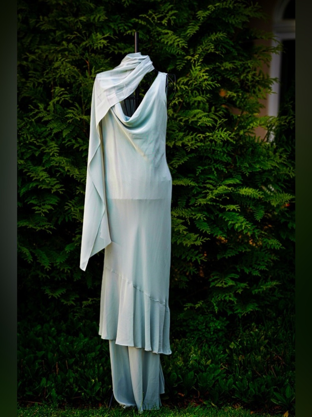 VTG Chadwick's Sage Green Chiffon Maxi Dress & Shawl Set - Size 10 - Picture 15 of 16
